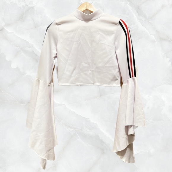 White Crop Top with Bell Bottom Sleeves and Stripes - Picture 1 of 6
